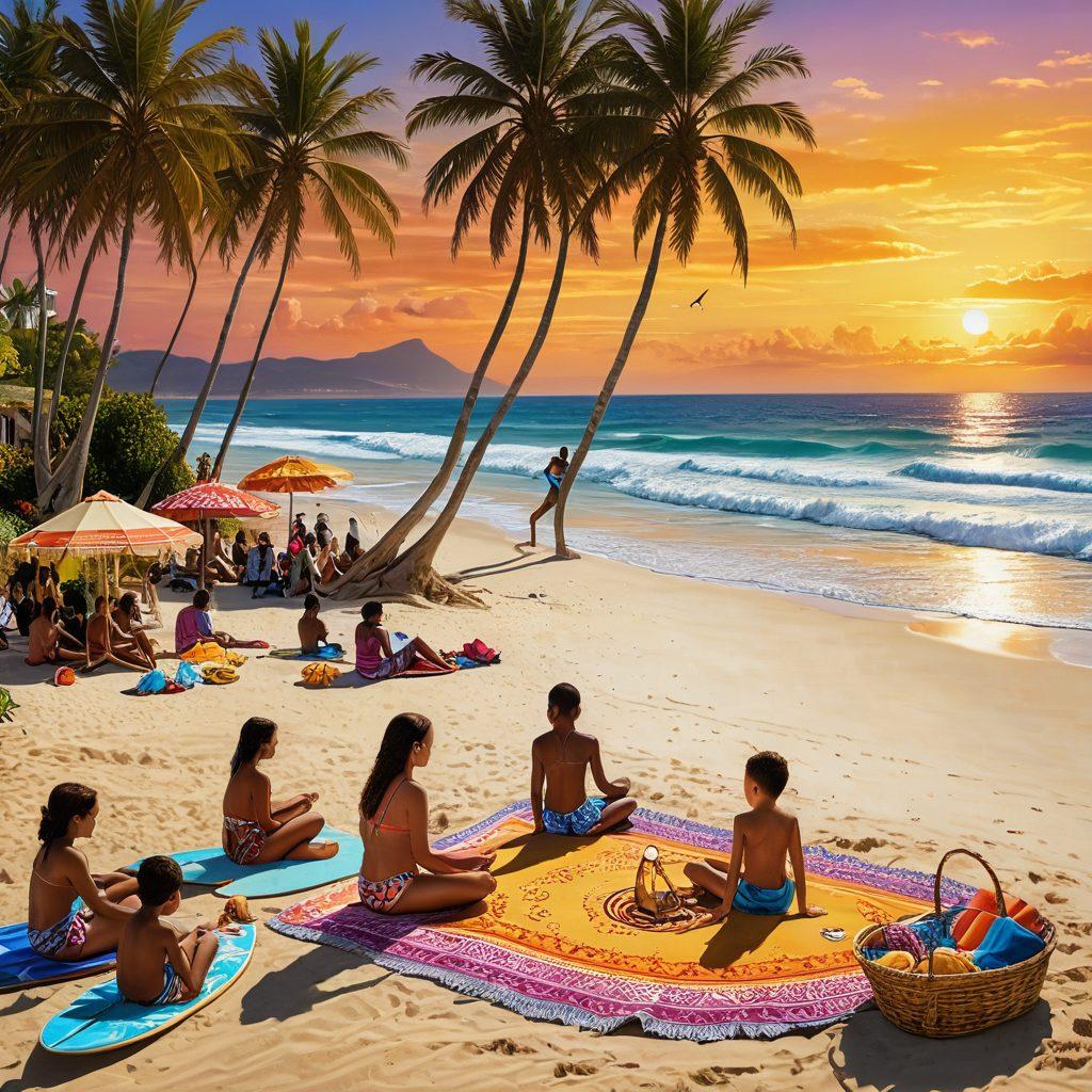 A vibrant beach scene showcasing a diverse group of people wearing colorful beachwear that reflects various cultural heritages, with intricate patterns and traditional motifs. The background features gentle waves lapping against the shore, palm trees swaying in the breeze, and cultural artifacts artistically spread around. Incorporate elements like sandcastles, surfboards, and a sunset to enhance the joyful atmosphere. super-realistic. vibrant colors. cinematic lighting.